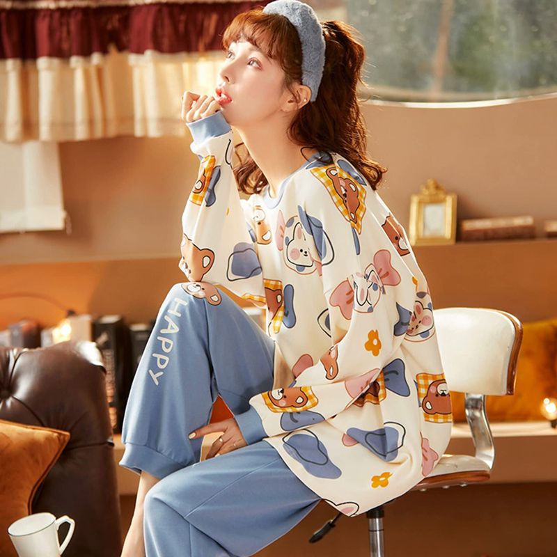 綿100 パジャマ レディース 長袖 ラウンドネック プルオーバープル ルームウェアセット 可愛い クマ柄 ゆったり コットン 快適 ストレッチ 大きいサイズ 寝巻き ガールズ ナイトウェア 春 秋