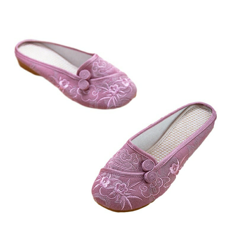 ミュール パンプス チャイナシューズ レディース フラット 刺繍 布靴 ラウンドトゥ サボ 外出スリッパ つま先あり かかと無し 歩きやすい 甲浅 カジュアル コンフォート 通気吸汗 春夏秋画像
