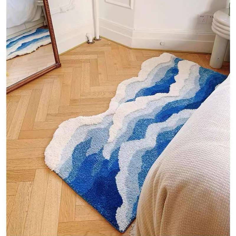 バスマット 浪 吸水 お風呂マット ふわふわ 浴室足ふきマット 海柄 マイクロファイバー かわいい 異型マット 無臭 50*80cm 滑り止め もこもこ 収納便利 スペースセーバー 玄関 キッチン 台