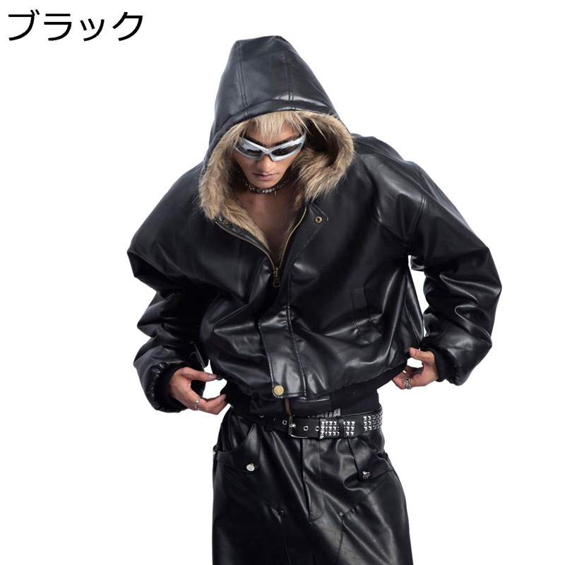 メンズ ファージャケット 毛皮 ショート丈 冬 リバーシブル フェイクファー 上着 トップス 男性 厚手 フード付き pu革 ボアジャケット 長袖 ふわふわ 贅沢感 アウター ゆったり かっこいい お洒落｜ショップ郷上