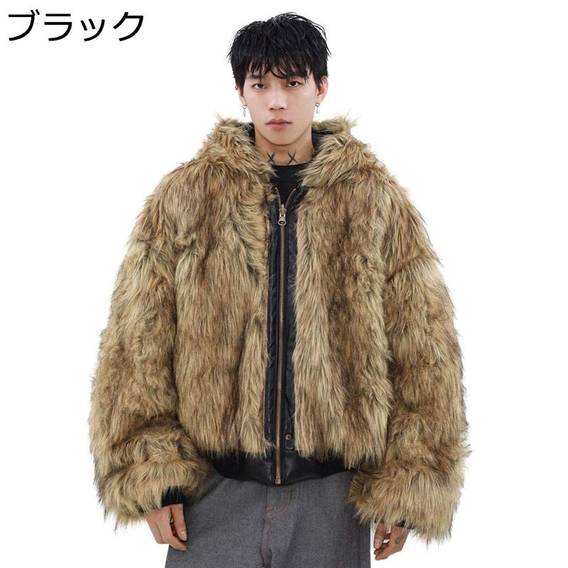 メンズ ファージャケット ショート丈 秋冬着 毛皮一体 リバーシブル 人工毛皮 上着 トップス 大人 厚手 ジップ フリースジャケット 長袖 暖かい 大きいサイズ 防寒コート ゆったり かっこいい お洒落