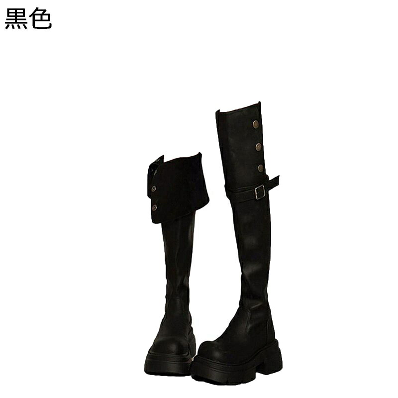 ロングブーツ 2way ニーハイ プラットフォーム 身長UP6cm ラウンドトゥ レディース 秋 冬 簡約 ベルト飾り 長靴 ストレッチブーツ シンプル セクシー カジュアル