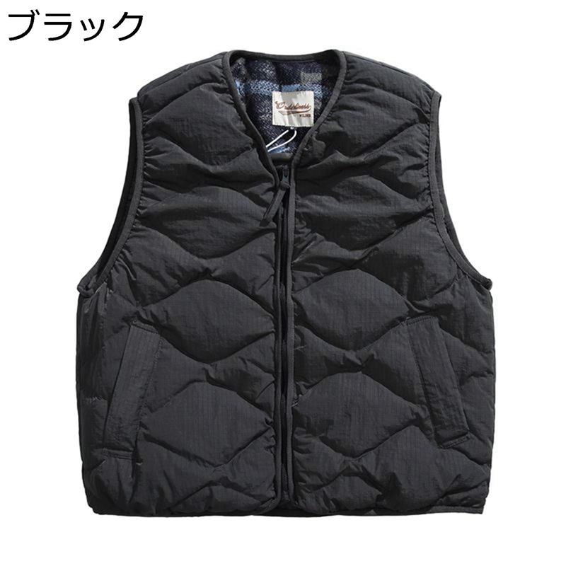 メンズ ダウンベスト インナー 90ダウン 無袖ジャケット キルティング ジップ ノーカラーアウター vネック ジャケット 襟なし 保温性 ノースリーブ 冬服 カーゴ風 日系 レトロ 撥水加工 防風 雪対策