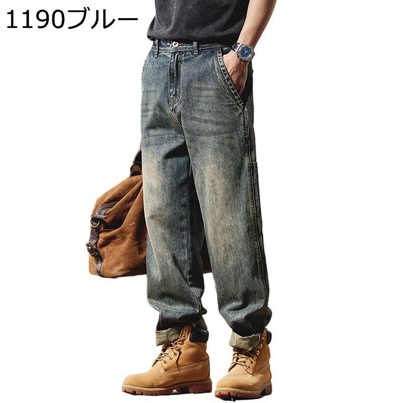 デニム カーゴパンツ メンズ ワイドパンツ 裏起毛 秋冬 裏ボア ストレートシルエット 裏ボア ウォッシュ加工 ヴィンテージ オシャレ レジャー シンプル あったか 保温性 Gパン ボトムス 長ズボン|ショップ郷上