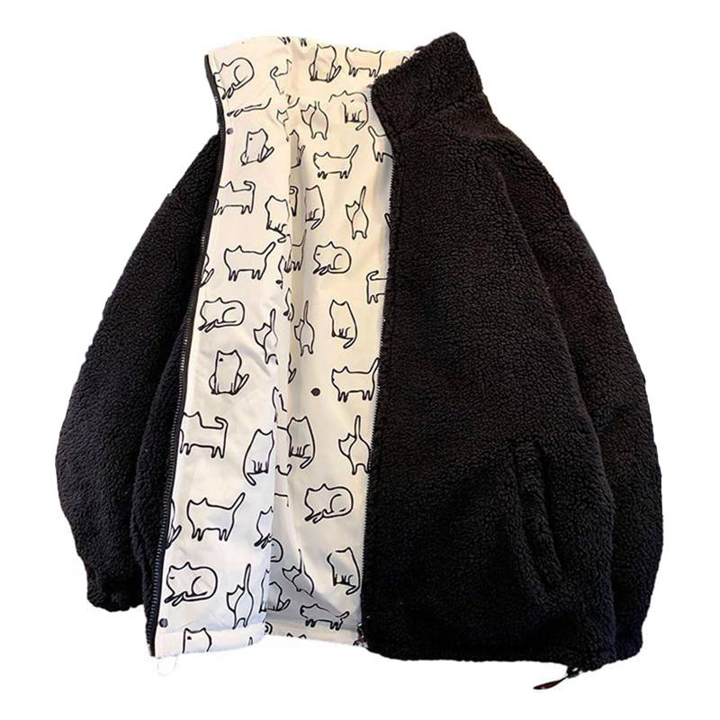 猫柄 メンズ チェック柄 アウター 2way ボア素材 大きいサイズ リバーシブル ブルゾン ボアジャケット 防寒ジャケット 秋冬服 ポケット付き もこもこ 厚手 保温性 暖かい 韓国風 上着 男女共