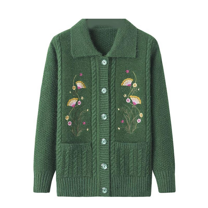 カーディガン ニット 女性 婦人服 花柄 刺繍 中高年女性用セーター 暖かいコート 春秋 長袖 トップス アウター 前開き ボタンダウン リブニットカーディガン 防風防寒 春秋冬着 シニア女性向け