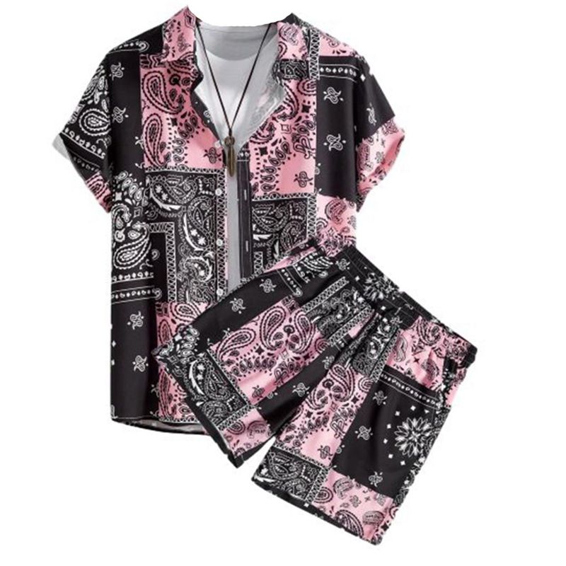 ハワイシャツ 2XS-6XL 大きいサイズ ペイズリー柄 パッチワーク 夏服 メンズ ショートパンツ 上下セット 3色 アロハシャツ カジュアルシャツ アロハ風 カジュアル 薄手 軽量 男性 ボーイズ