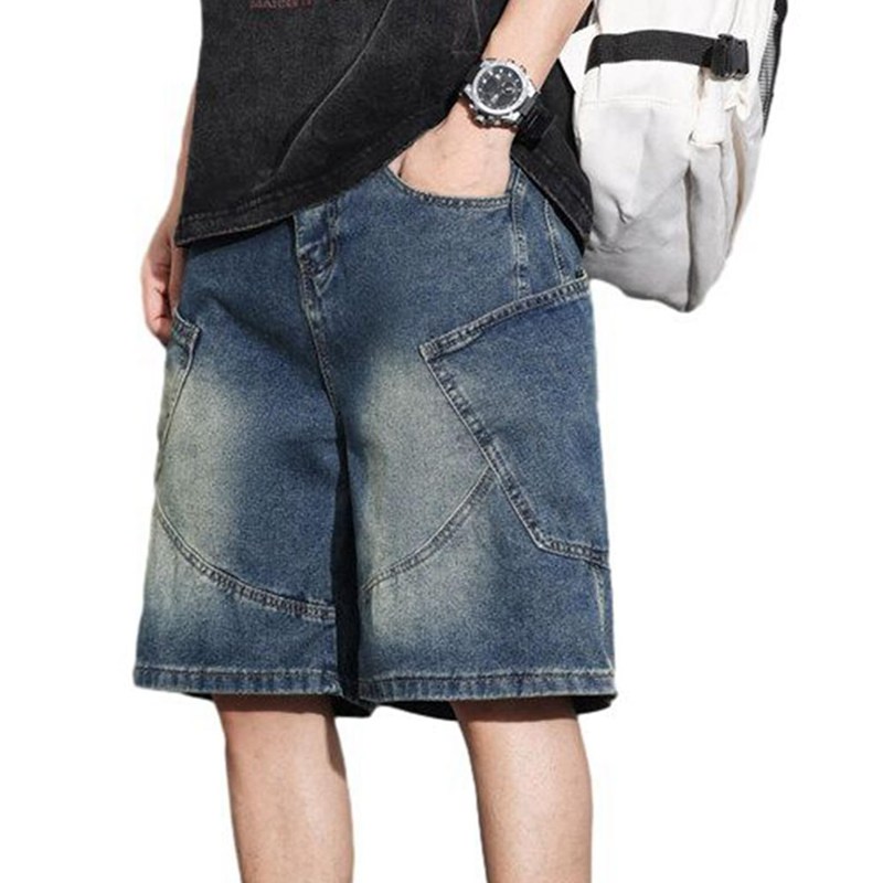 デニムショートパンツ ハーフ メンズ ジーンズ 短パン 5分丈 夏服 薄手 膝下丈 Gパン ウォッシュ加工 バギーパンツ ショートジーンズ ストリート系 カジュアル ポケット 涼しい 通気性 ベーシッ