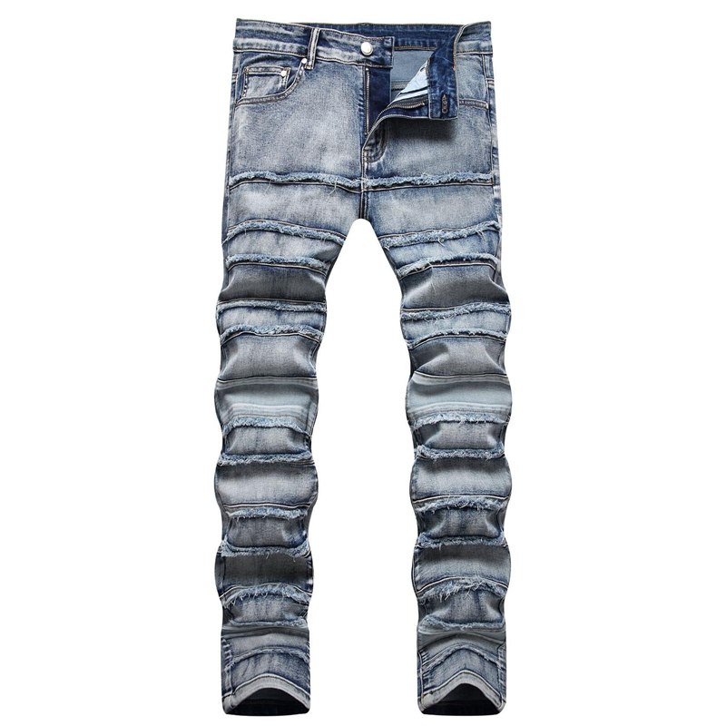 デニムパンツ ジーンズ メンズ ダメージ 細見 スキニー フリンジ パッチワーク ストレッチ オトコ ボトム 長ズボン 大人 お洒落 オリジナル 厚手 軽量 ファッション 春夏秋 バイク リペア加工