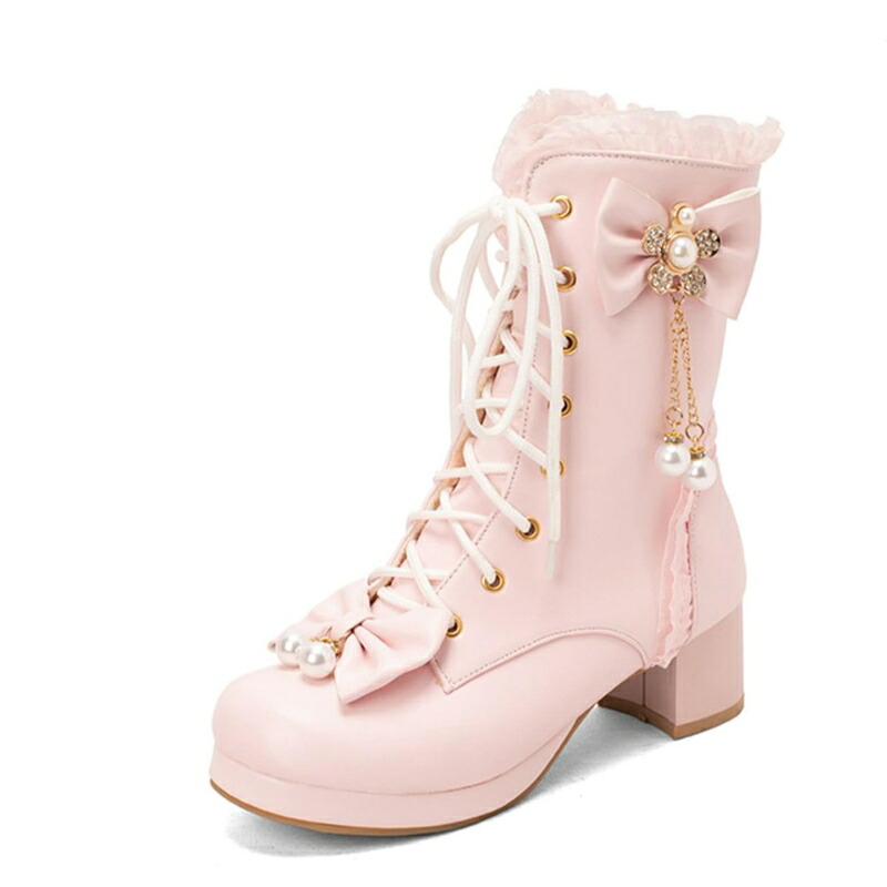 編み上げ レディース ショートブーツ ロリータ 姫系 子供用 太ヒール5cm レース フリル パール 花 リボン レースアップ 可愛い エレガント Lolita 大きいサイズ 小さいサイズ 黒 白 ピ