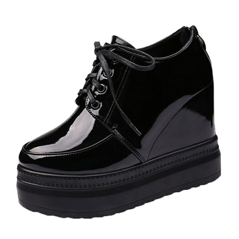 ショートブーツ インヒール エナメル 11.5cmアップ 厚底靴 女性 パンプス レディース レースアップ オシャレ 快適 滑りにくい ウエッジ 脱ぎ履き便利 ジッパー 普段使い 歩きやすい 身長UP