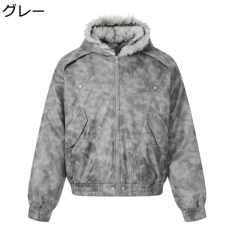 中綿ジャケット メンズ 総柄 防寒アウター 裹起毛 ショート丈 フェイクファーフード付き フラットジャケット 秋冬物 ボア付き 厚い 防寒 保温 カジュアル アメカジ ストリート ゆったり 通勤 男女兼用｜ショップ郷上