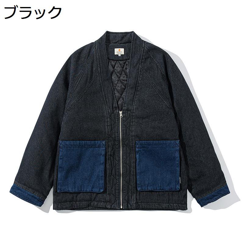 メンズ 中綿ジャケット チャイナ風 厚手 中綿コート デニム vネック ジップアップ 防寒防風 長袖 秋冬 中華服 漢服 ビンテージ お出かけ カジュアル パッチワーク 上着 大きいサイズ