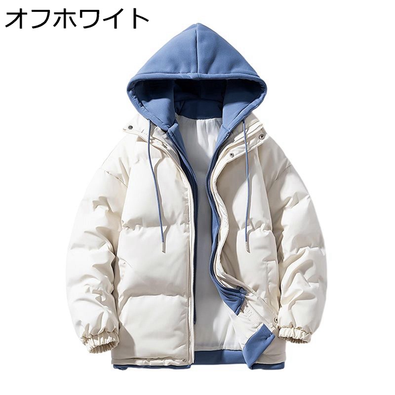 中綿ジャケット 男性用 厚手 フード付き 重ね着風 内ポケット ジップアップ 防寒対策 ジャケット 日常 あったか 中わた アウター シンプル 軽い 動きやすい 冬服 ファッション ウォーキング