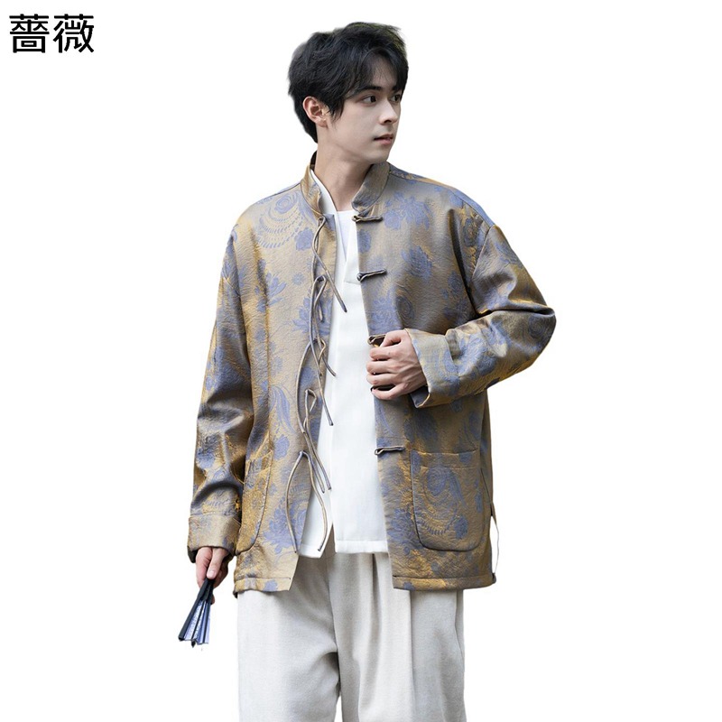 メンズ ジャケット 中華風 バラ柄 スタンドカラー 厚手 チャイナボタン カジュアルジャケット 防寒 暖かい 長袖 秋冬服 シンプル 光沢感 通勤 通学 上着 大きいサイズ 太極拳 レトロ風