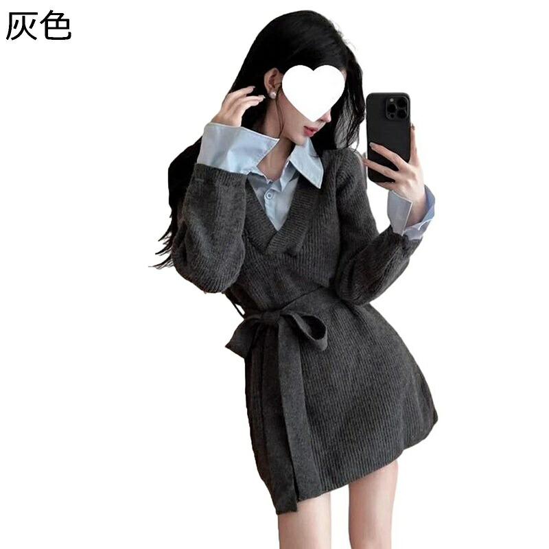 ワンピース ニット ミニワンピ フェイクレイヤード 重ね着風 グレー 折り襟 ベルト ポケット付き レディース 春服 秋着 冬服 長袖 カットソー スウェット かわいい 細身 あったか プルオーバー 学生｜ショップ郷上