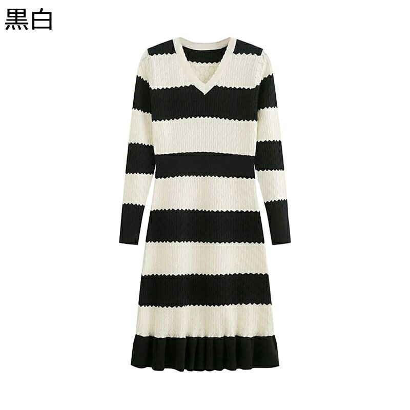ニットワンピース ストライプ 縞柄 黒白 レディース 春秋冬着 ミモレ丈 長袖ドレス カットソー スウェット エレガント 暖か 保温 ストレッチ ゆったり シンプル ファッション 快適 柔らか 汗染み防止