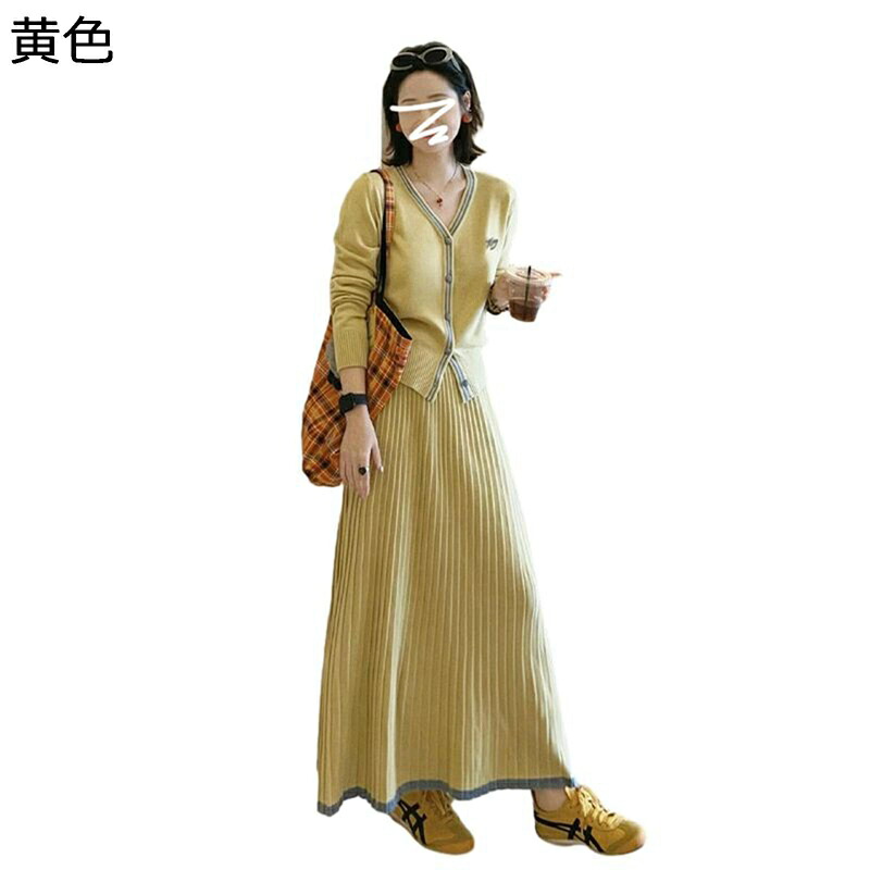 編み物スコート+編み物とっ始め 秋冬用 レディース セットアップ 黄色 vのど首 カットソー プルオーバー 下着類 保温 重ね風 ゆったり 流行り物 韓国風 手みじか 着やせ 感じやすい肌 助けになる 日常 出で立つ