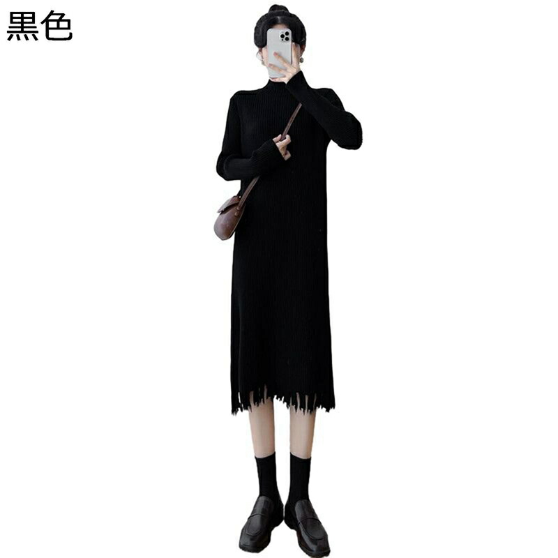 ニットワンピース レディース 春秋冬着 ミモレ丈 タッセル ハイネック 長袖ドレス スウェット セーター エレガント 防寒 暖かい 伸縮性良い ルーズ ファッション 吸汗速乾 汗染み防止 快適 軽い 柔らかい