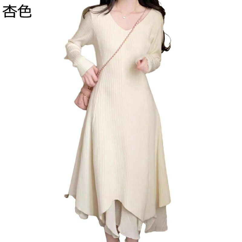 編み物衣装 レディース 春服 秋着 冬服 膝下丈 フラウンス裾 愛想のいい 白 黒 重ね着風 多層フラウンス スウェーター カットソー 長袖 ワンピ 肌付き 保温 好いたらしい 心地好い 流行病の発生 流行り 今めかしい 体型覆いかぶせる
