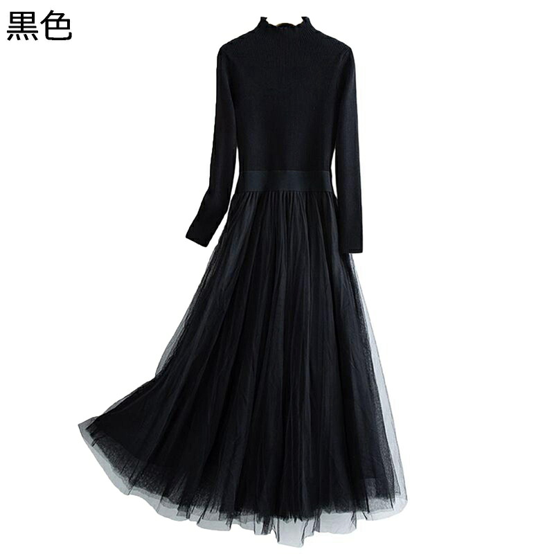 ニットワンピース シフォンスカート 黒 レディース ハイネック 大きいサイズ 春着 バレエ 秋冬服 膝下丈 長袖ドレス カットソー エレガント あったか ストレッチ シンプル 毛玉なし ブラック