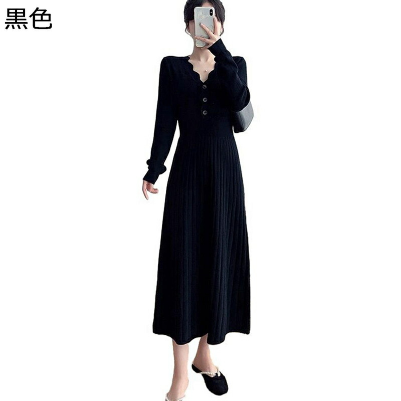 レディースドレス ニットワンピース セーターワンピース vネック フリル プリーツ ハイウエスト 春着 秋冬服 ミモレ丈 保温 あったか 大人 弾力性 おしゃれ リッラクス 伸縮性 ベージュ パープル カーキ ブラック