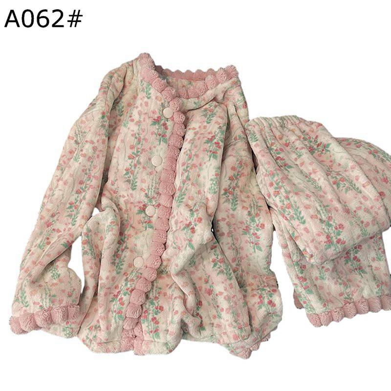 冬 レディース パジャマ ルームウェア フランネル 厚手 もこもこ 長袖 長ズボン 上下セット カジュアル 花柄 前開き 襟なし 家着 寝間着 お風呂上り 防寒 暖か ワイド 寝やすい