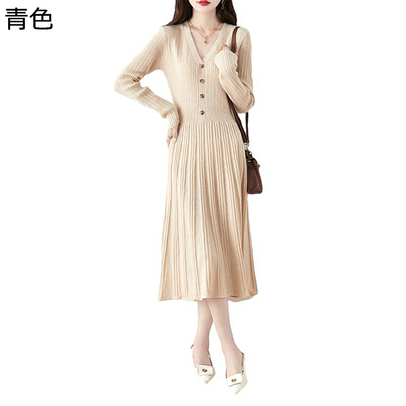 ワンピース ニット レディース 春着 秋冬服 膝下丈 プリーツ vネック 広裾 カットソー スウェット 長袖 洋服 インナー あったか 可愛い カジュアル おしゃれ 韓国 ファッション 体型カバー