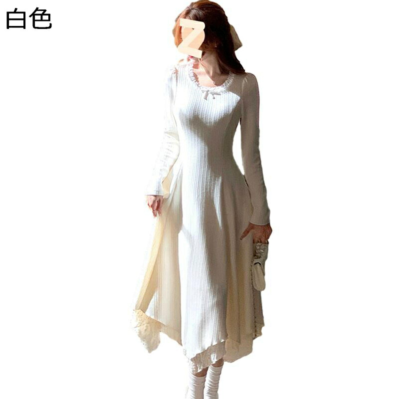 レディースドレス ニットワンピース セーターワンピース S-3XL 白 大きいサイズ フランス風 姫系 フリル 広裾 エレガント 春着 秋冬服 ロング丈 ストレッチ ファッション カジュアル 体型カバー 着痩せ