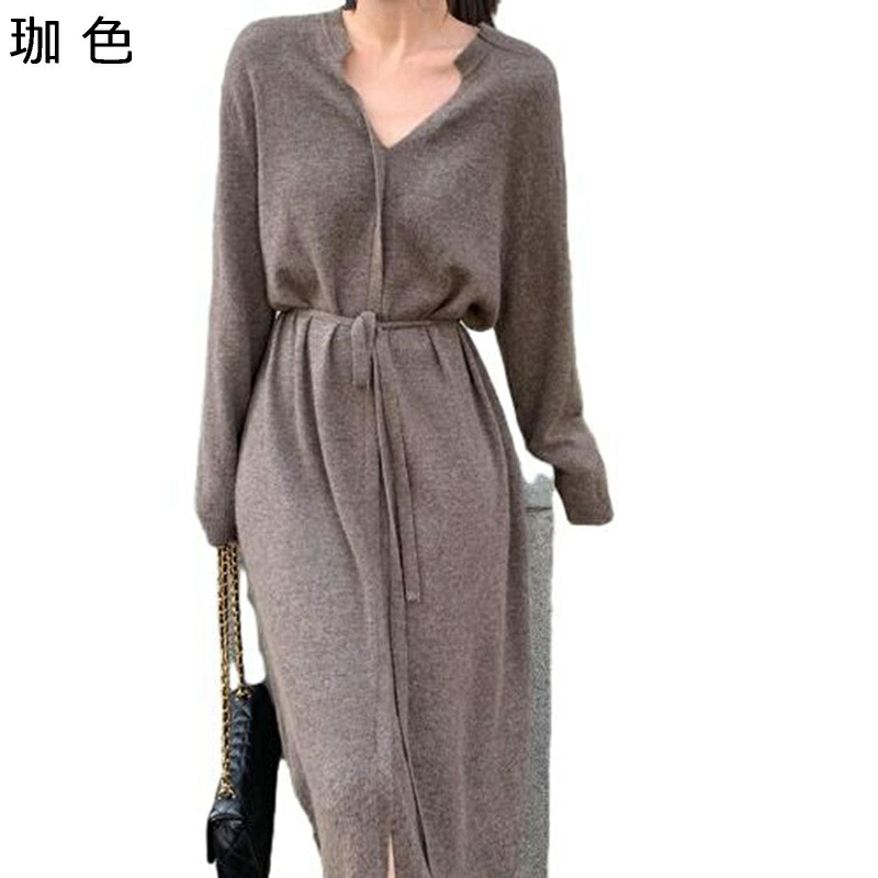 ニットワンピース レディース 春服 秋着 冬服 ロング丈 ふんわり 腰ひも付き 長袖ドレス スウェット セーター エレガント 保温 あったか ストレッチ ルーズ シンプル ファッション 軽量 通気性 速乾