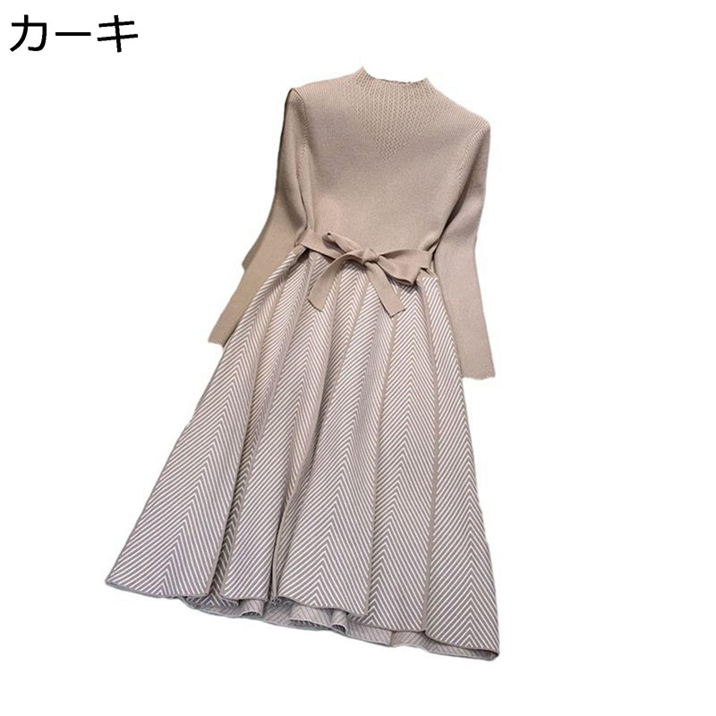 ニットワンピース レディース 春秋冬着 膝丈 カットソー ハイネック スウェット 長袖 ワンピ 肌着 暖かい 可愛い 切り替え ベルト付き 大きいサイズ カジュアル おしゃれ 韓国 ファッション 着痩せ