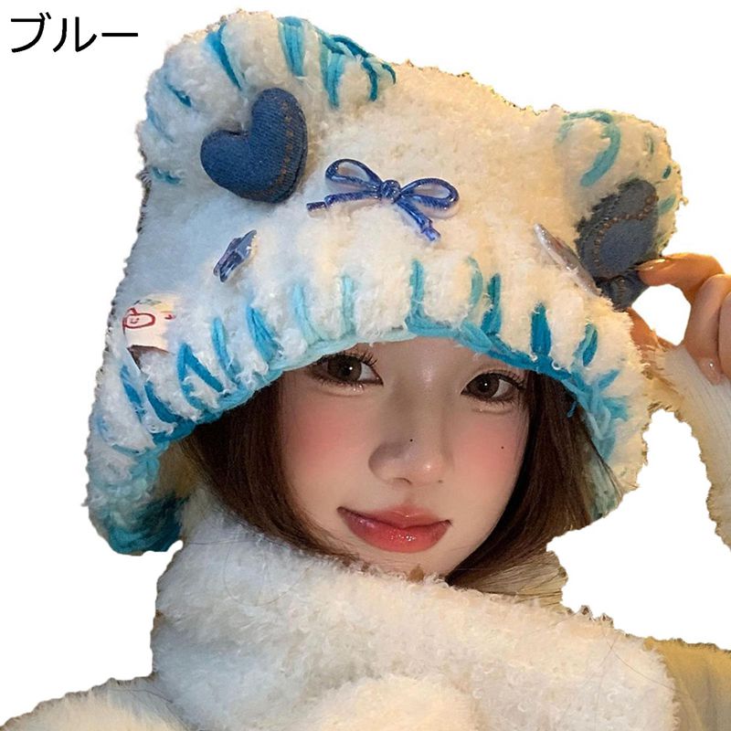 2in1マフラー フード付き ぬいぐるみ帽子 耳付き 萌え萌え レディース用 防寒保温 2点一体マフラー キュート かわいい 一体化 スヌード モフモフ 柔らか 厚手 クリスマスプレゼ 日常 シンプル お洒落