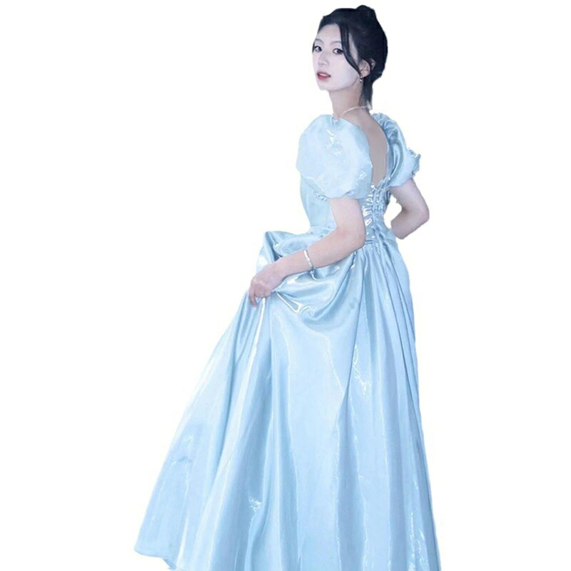 パーティードレス 花嫁ワンピース 結婚式 レディース 光沢感 ブルー 青 引き裾 ワンピ イブニングドレス ボリューム半袖 スクエアネック キラキラ 大きいサイズ ふんわり 姫系 披露宴 卒業式｜ショップ郷上
