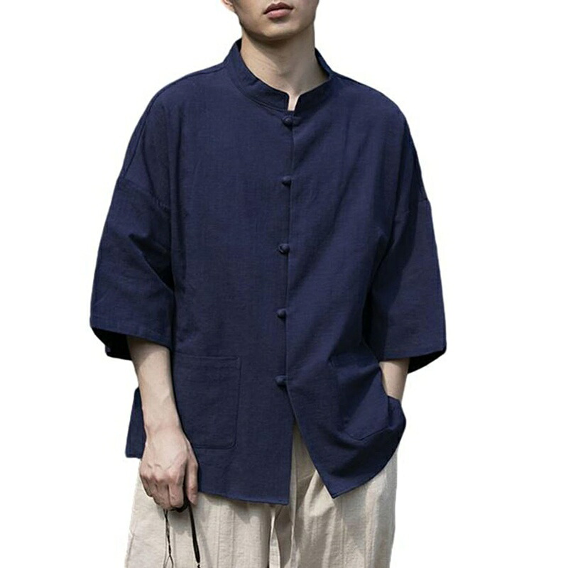 唐装 瀬戸ものプルオーバー メンズ 七分袖 分かりやすい 綿麻 中華服 無地 ジレー 心地好い 立ち襟 武術 舞い踊る 太極拳服 馬鹿でかい大きさ 厚地の外套 ゆったり エスニック 瀬戸もの名取り草 夏