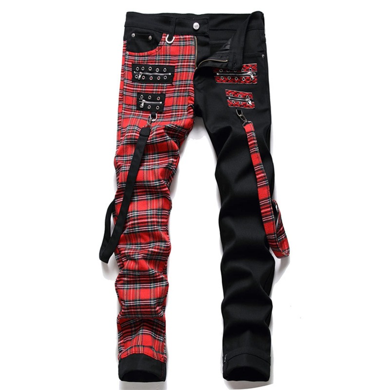 デニムパンツ ジーンズパンツ メンズ 細め ストレッチ テーパード ボトムス パッチワーク デニム チェック柄 JEANS 大人 男子 ファッション 厚手 お洒落 オリジナル 秋物 秋冬 パンク アメ｜ショップ郷上