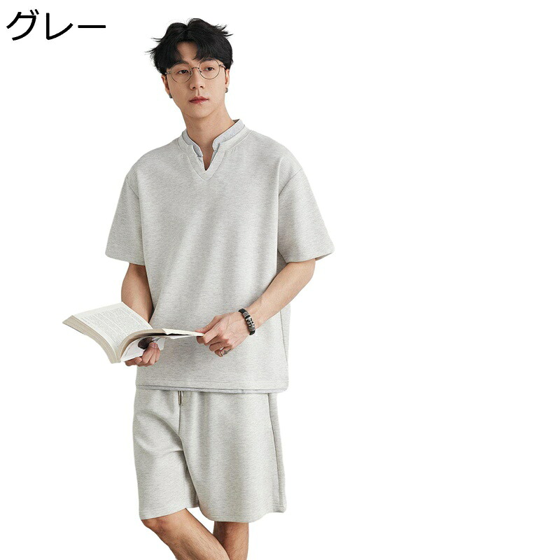 tシャツ 2点 上下セット メンズ 夏服 ショートパンツ トップス 半袖 レイヤード風 無地 丸襟 ゆったり 肌触り 吸水 男性 大人 個性的 通気性 吸汗 普段着 部屋着 部活 スポーツ 大きいサイズ｜ショップ郷上