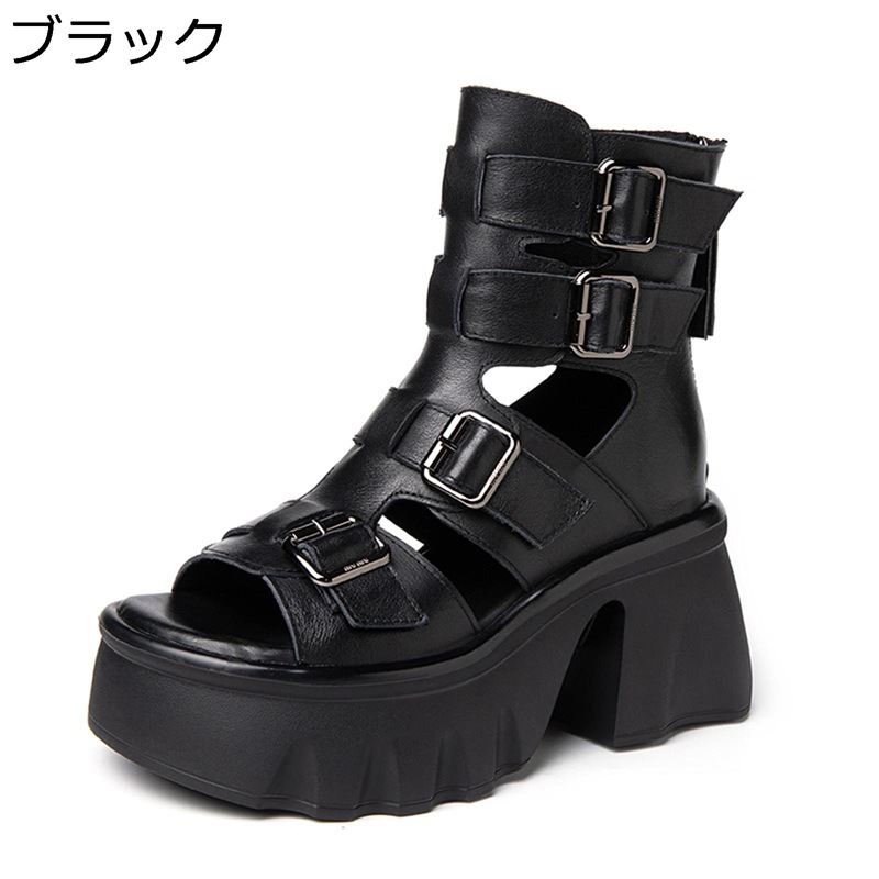 サンダル レディース サマーブーツ 本革 ブーツサンダル ベルト 厚底 靴 美脚 9cm 身長アップ レザー 粗いかかと 履き心地 履きやすい 春夏用 グラディエーター すべり止め オープントゥ ショート靴 お出かけ|ショップ郷上