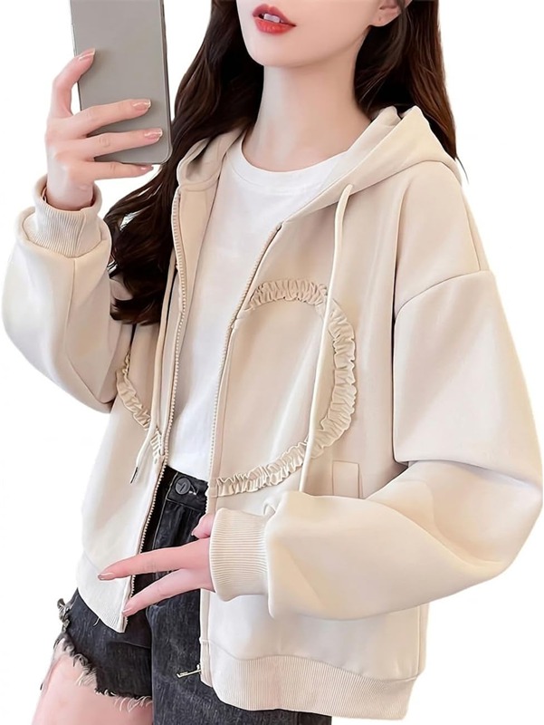 パーカー レディース ジップアップ ハート形 フラウンス 成年者好いたらしい ゆったり 流汗 ボンネット付き添い人 音の大きさ袖 もっちり 体型覆いかぶせる 長袖 心地好い 韓国風 羽織り トップス 春
