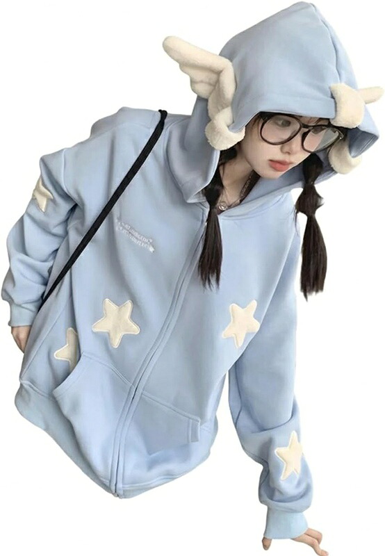 パーカー レディース ジップアップ 星柄 羽付き添い人 ボンネット付き添い人 ゆったり 流汗 仕掛地雷系 サブカル系 韓国 流行り物 心地好い もっちり 朦々たる 体型覆いかぶせる 羽織り
