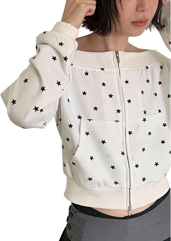 パーカー レディース ジップアップ 星柄 オフショルダー 流汗 肩出し トップス 長袖 ゆるっと 成年者好いたらしい 表どおり系 アメカジ 心地好い 烏兎 冬 好いたらしい 体型覆いかぶせる