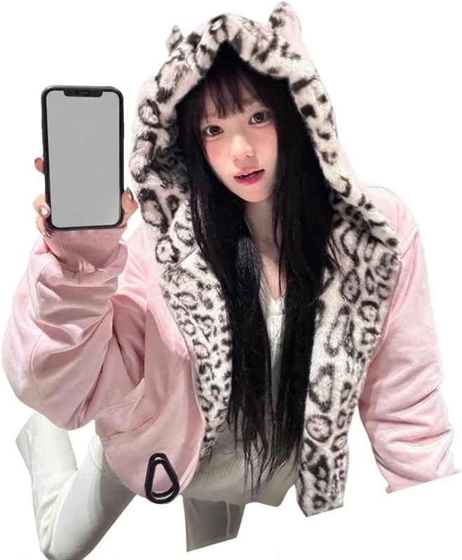 パーカー レディース ジップアップ ヒョウ柄 猫耳付き添い人 もこもこ 裏ボア ボンネット付き添い人 上衣 朦々たる 防寒 秋冬 流汗 ゆったり 仕掛地雷系 量産型 韓国風 心地好い トップス