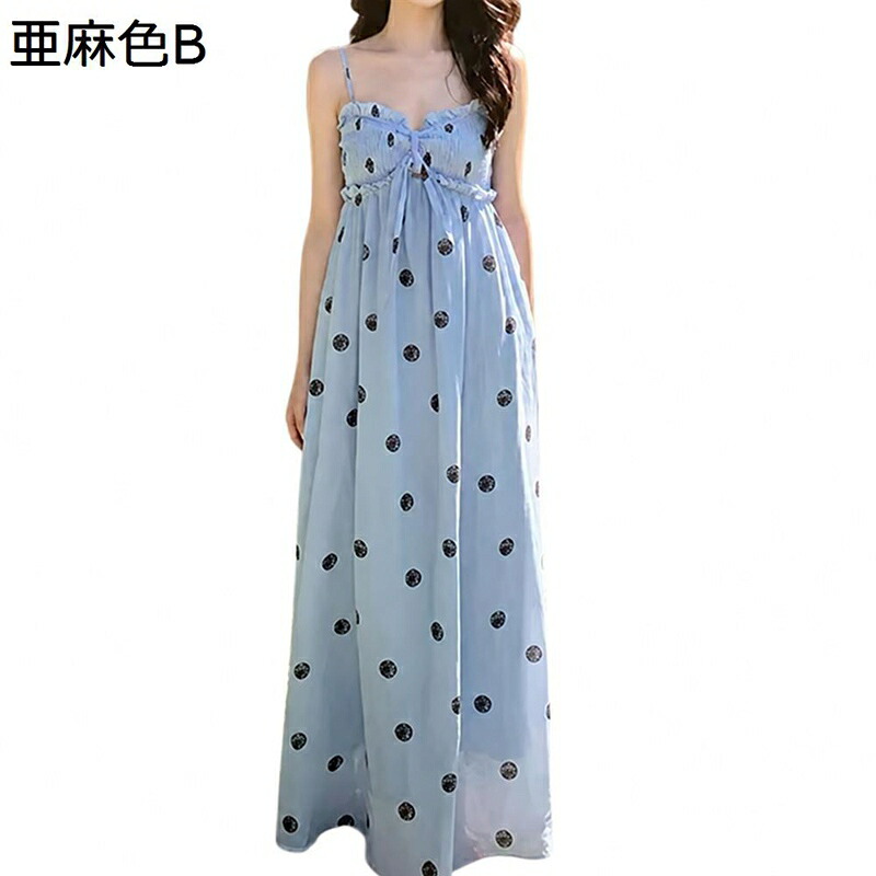 衣裳 レディース御召しもの キャミソール マキシ丈 ゆったり 薄っぺら 水玉 一点柄流行り物 心地好い 好いたらしい 綿麻 フレンチ 溜まり場 什独居室 リネン さらさら シャーリング 前胸部シュロの葉