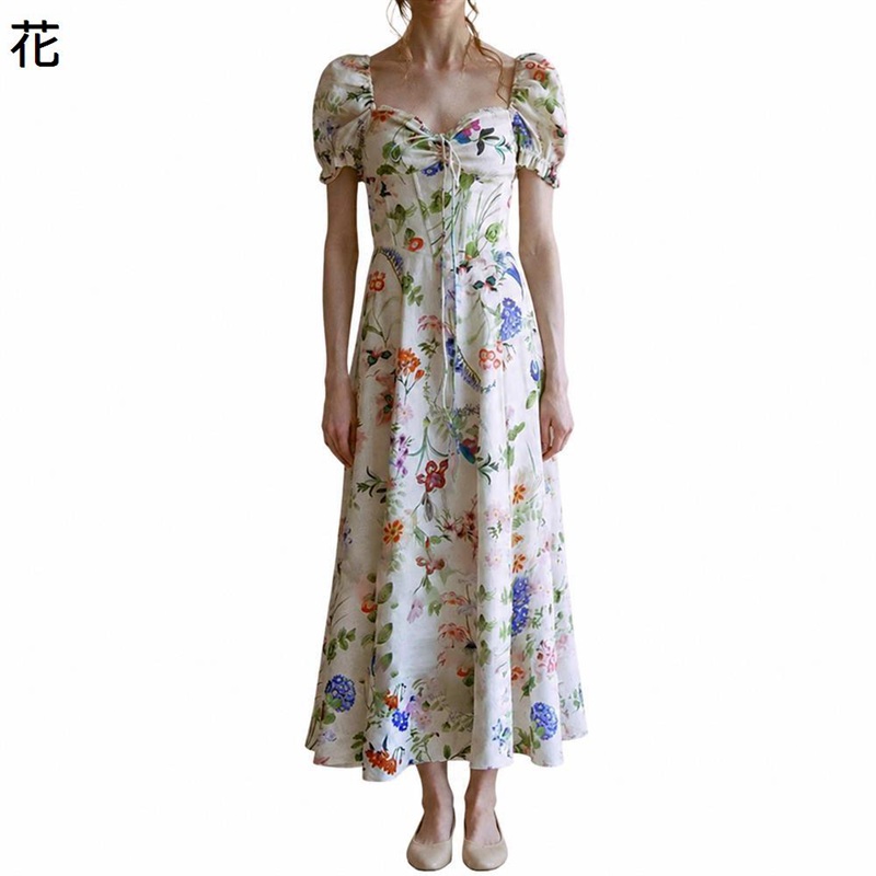 衣装 レディースお召しもの ロング丈 ゆったり 薄っぺら花柄 砂浜 ワンピ リネン フレンチ レトロ 真四角のど首 音の大きさ捩り 太陽フレア ガードル風 晴れ晴れしい 女子らしい 雅びやか 細見え