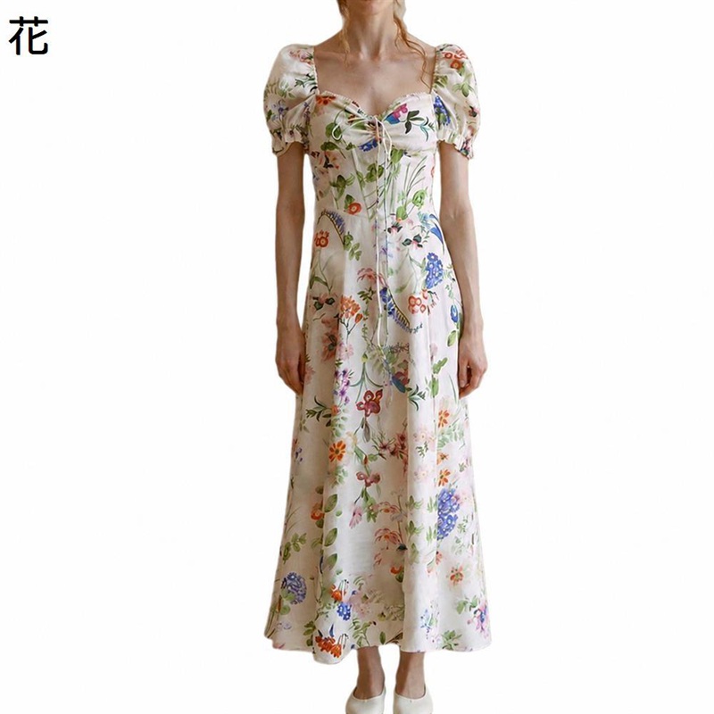 ロング衣装 レディースお召しもの マキシ丈 ゆったり 薄っぺら フレンチレトロ 真四角のど首 音の大きさ捩り 花柄 砂浜 ワンピ リネン混 ガードル風 流行り物 心地よい 春夏 裾拡がり