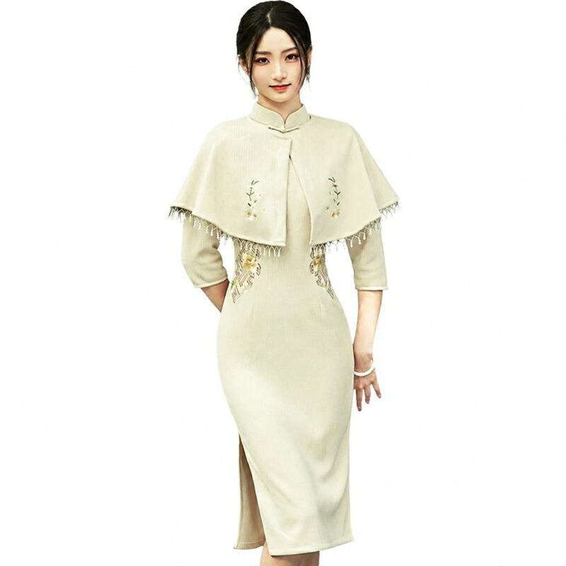 瀬戸もの御召しもの レディース衣装 中華風 刺しゅう ケープ付き添い人ロング丈 か細い 細押し出し 色っぽい七分袖 レトロ 今めかしい 立ち襟 花柄 タッセル 窈窕たる お呼ばれ 華燭の典 交歓会 掻きならす会 秋冬 朦々たる