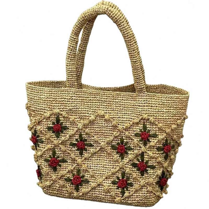 かごバッグ レディース ストローバッグ 花柄 刺繍 手編み 大容量 軽量 学生 女の子 サマー トートバッグ 天然素材 ナチュラル 爽やか 夏 ファッション エコ 買い物 透かし彫り 肩掛け 手提げ｜ショップ郷上