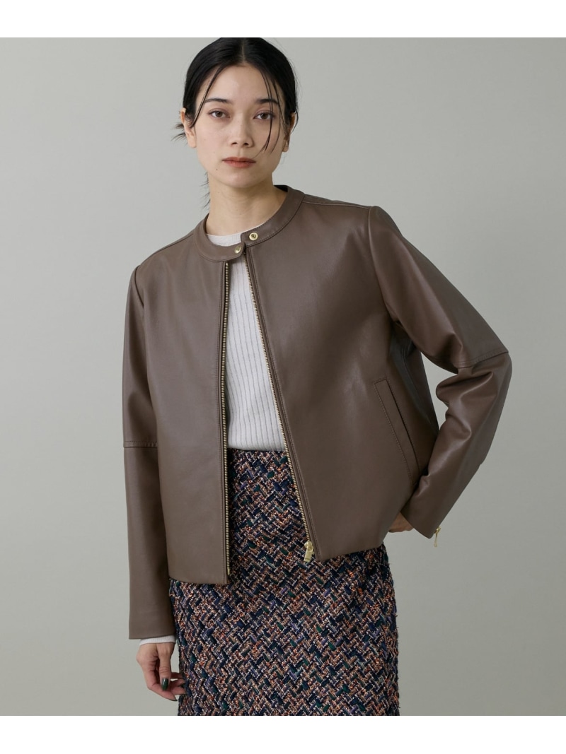 ラムレザー ジップアップブルゾン INED イネド ジャケット・アウター ノーカラージャケット ブラック ブラウン【送料無料】[ Fashion]｜INED／イネド
