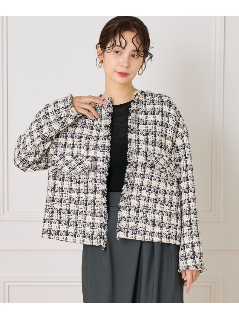 《大きいサイズ》LINTONノーカラージャケット la veille by SUPERIOR CLOSET イネド ジャケット・アウター ノーカラージャケット ホワイト【送料無料】[ Fashion]
