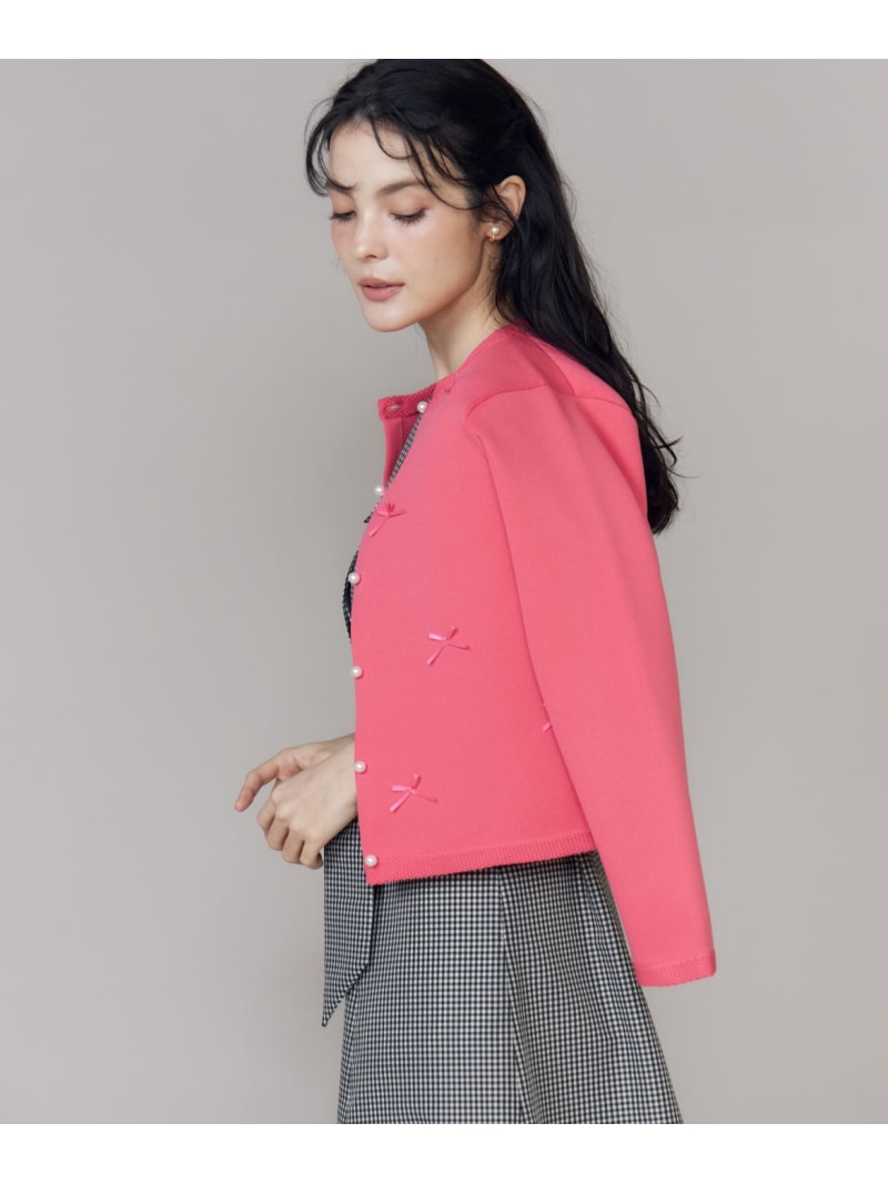 【SALE／10%OFF】《大きいサイズ》サテンリボンニットジャケット Maglie par ef-de マーリエ ル カセット ジャケット・アウター その他のジャケット・アウター ホワイト ネイビー ピンク【RBA_E】【送料無料】[ Fashion]