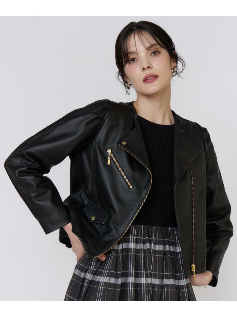 《M Maglie le cassetto》スパニッシュラムレザーブルゾン《美人百花9月号掲載》 Maglie par ef-de マーリエ ル カセット ジャケット・アウター ライダースジャケット ブラック ブラウン【送料無料】[ Fashion]｜INED／イネド